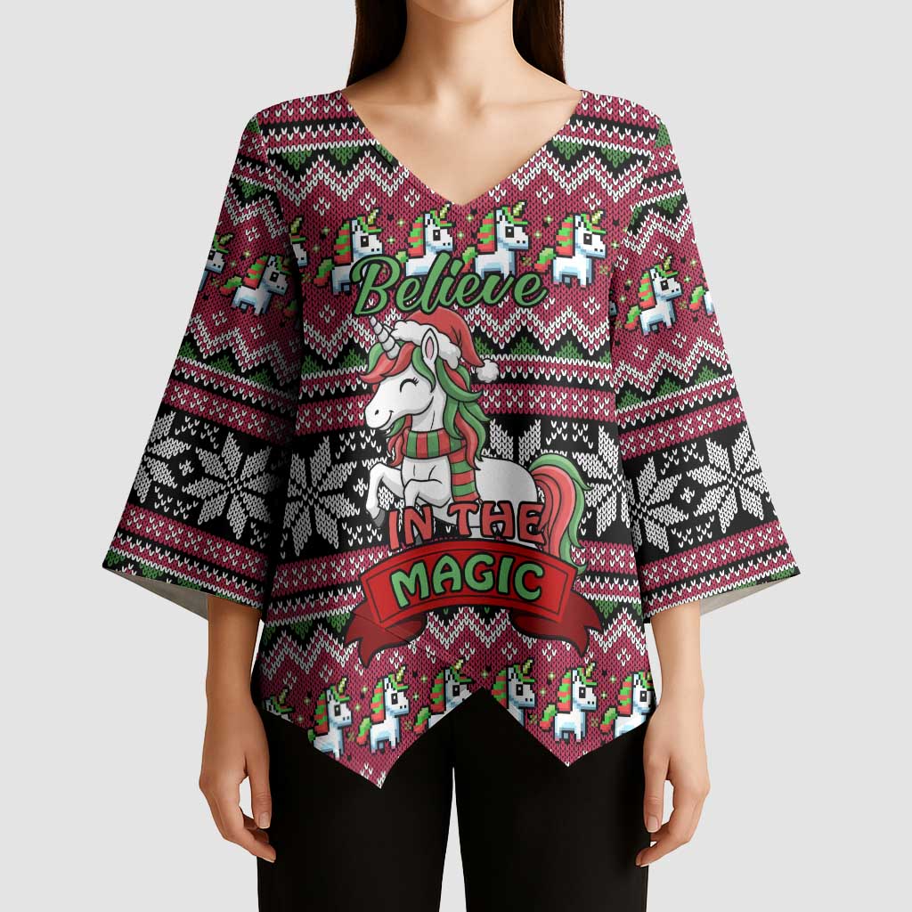 Unicorn Believe In The Magic Christmas Kimono Sleeve Blouse Xmas Holiday Patterns - Wonder Print Shop