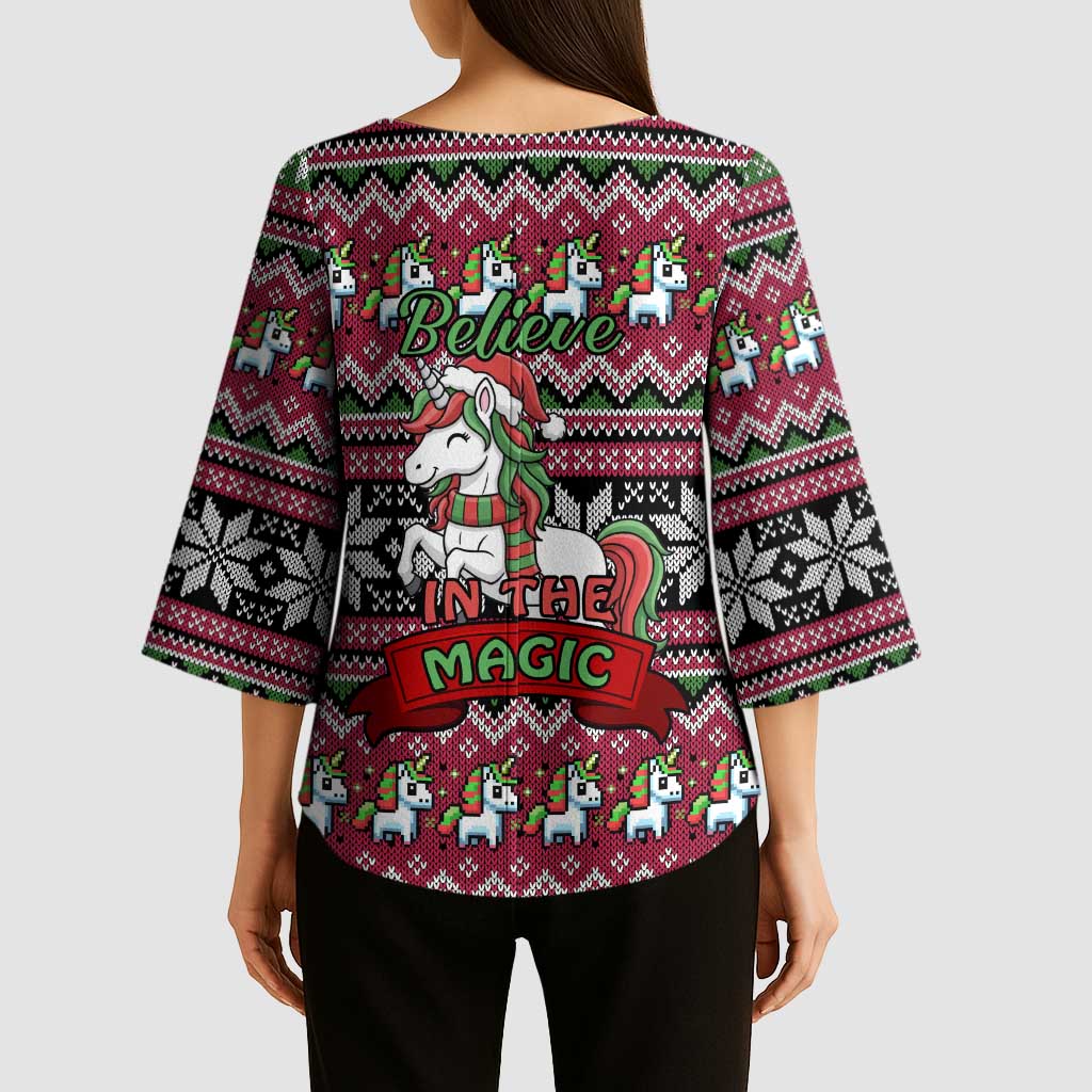 Unicorn Believe In The Magic Christmas Kimono Sleeve Blouse Xmas Holiday Patterns - Wonder Print Shop
