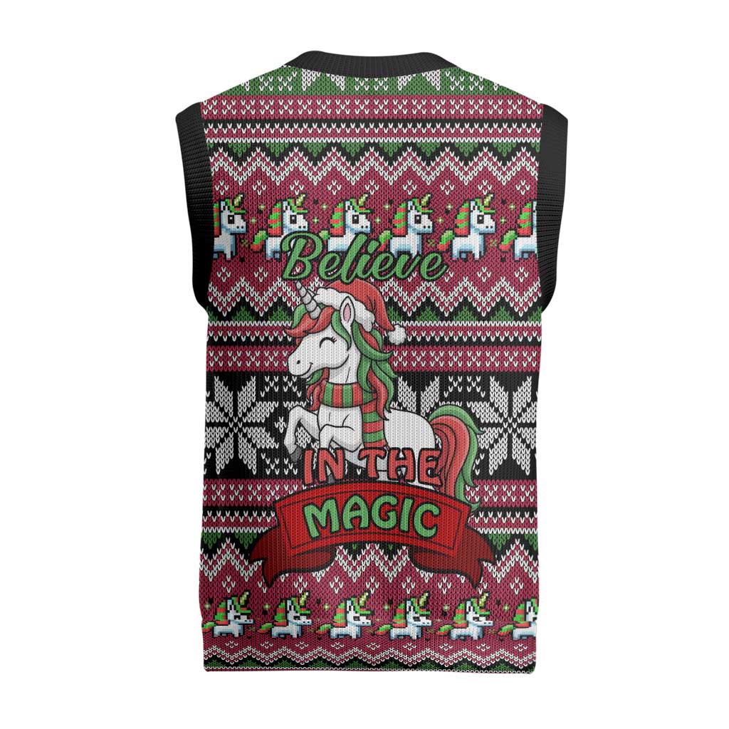 Unicorn Believe In The Magic Christmas Knitted V-Neck Vest Xmas Holiday Patterns - Wonder Print Shop