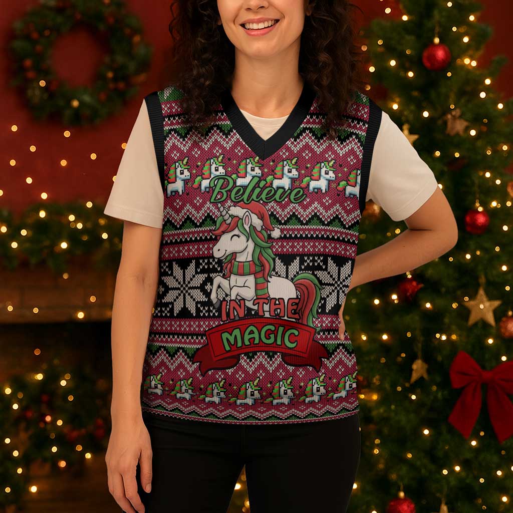 Unicorn Believe In The Magic Christmas Knitted V-Neck Vest Xmas Holiday Patterns - Wonder Print Shop
