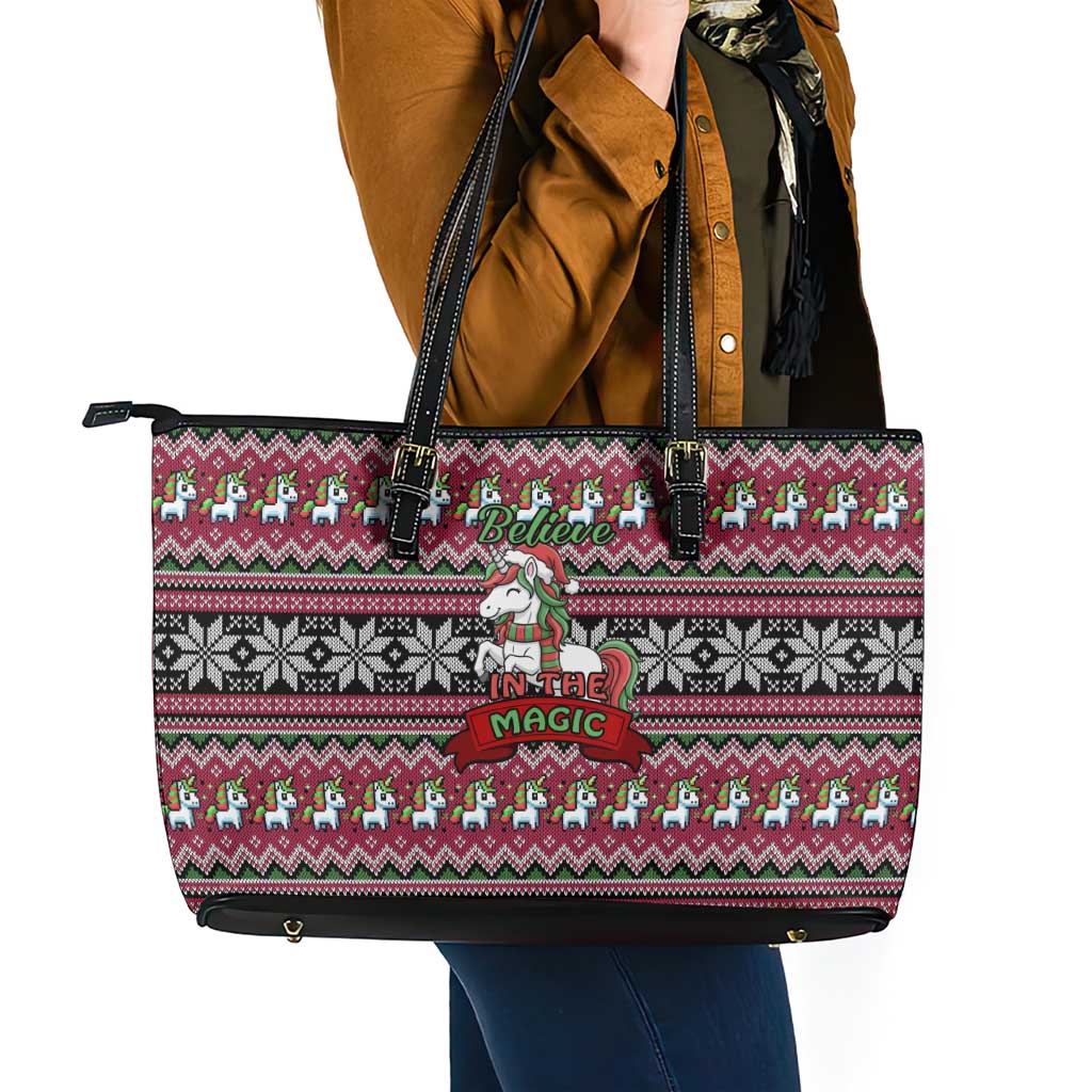 Unicorn Believe In The Magic Christmas Leather Tote Bag Xmas Holiday Patterns - Wonder Print Shop
