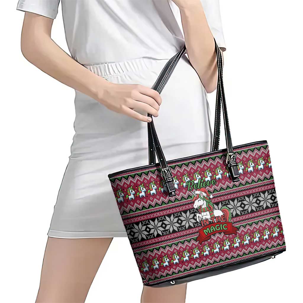 Unicorn Believe In The Magic Christmas Leather Tote Bag Xmas Holiday Patterns - Wonder Print Shop