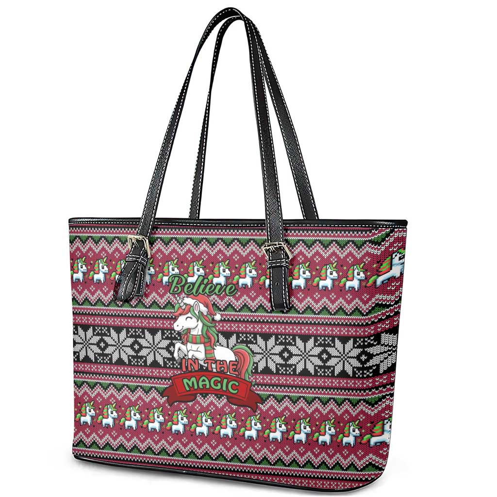 Unicorn Believe In The Magic Christmas Leather Tote Bag Xmas Holiday Patterns - Wonder Print Shop