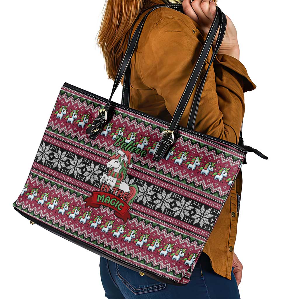 Unicorn Believe In The Magic Christmas Leather Tote Bag Xmas Holiday Patterns - Wonder Print Shop