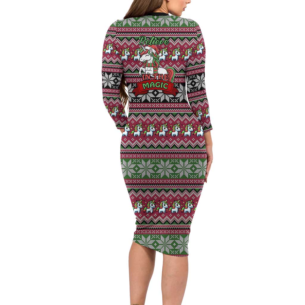 Unicorn Believe In The Magic Christmas Long Sleeve Bodycon Dress Xmas Holiday Patterns - Wonder Print Shop