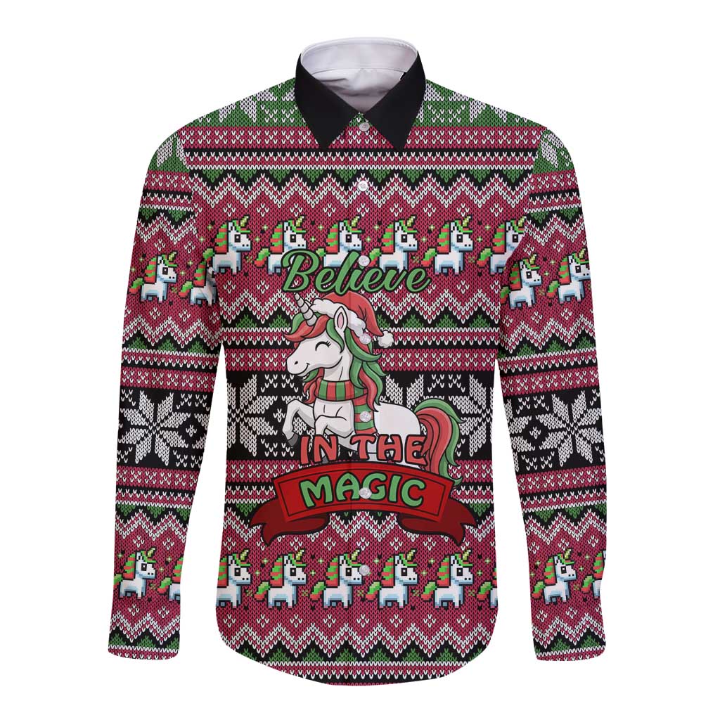 Unicorn Believe In The Magic Christmas Long Sleeve Button Shirt Xmas Holiday Patterns - Wonder Print Shop