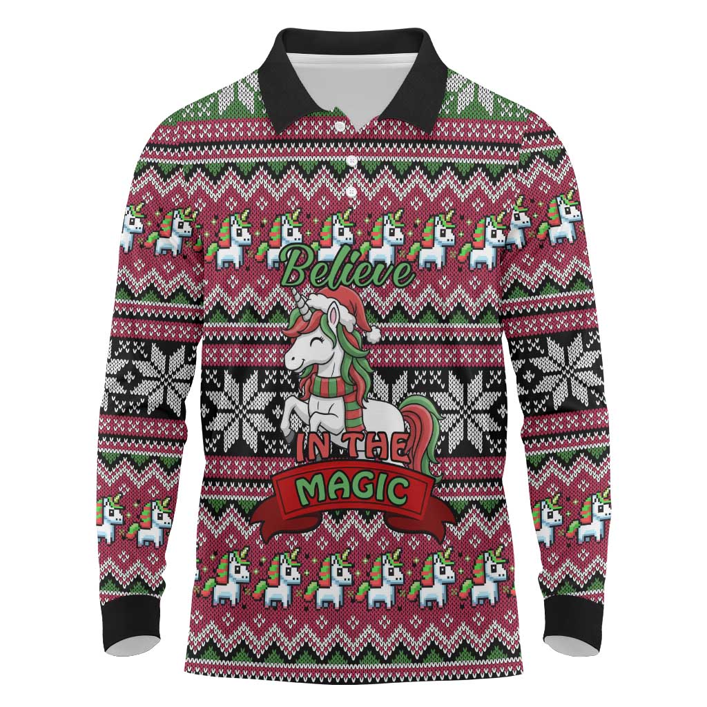 Unicorn Believe In The Magic Christmas Long Sleeve Polo Shirt Xmas Holiday Patterns - Wonder Print Shop