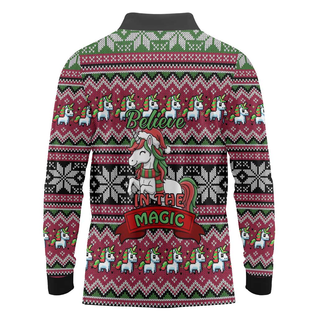 Unicorn Believe In The Magic Christmas Long Sleeve Polo Shirt Xmas Holiday Patterns - Wonder Print Shop