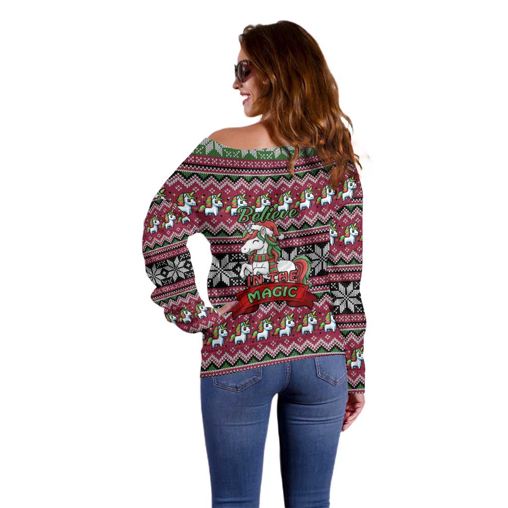 Unicorn Believe In The Magic Christmas Off Shoulder Sweater Xmas Holiday Patterns - Wonder Print Shop
