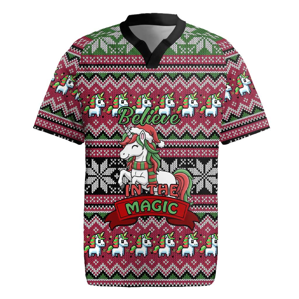 Unicorn Believe In The Magic Christmas Rugby Jersey Xmas Holiday Patterns - Wonder Print Shop