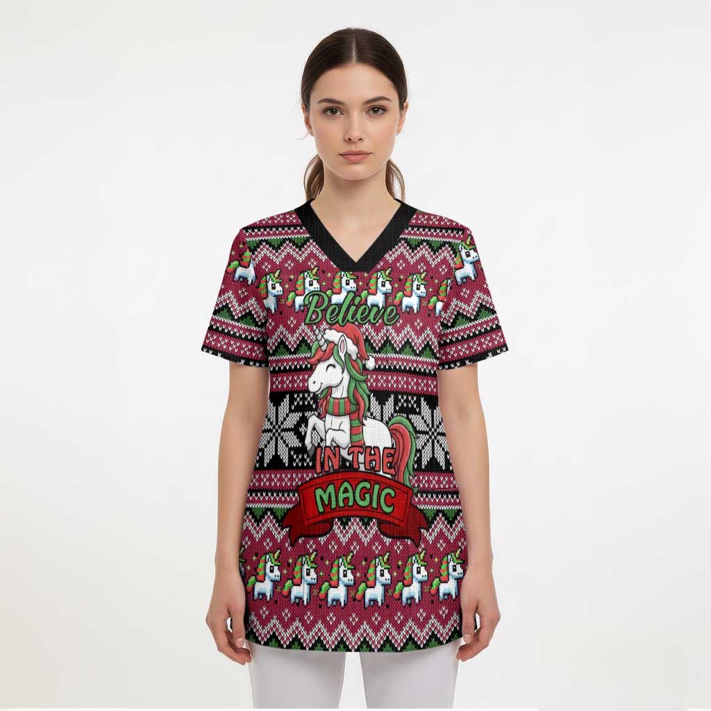 Unicorn Believe In The Magic Christmas Scrub Top Xmas Holiday Patterns - Wonder Print Shop