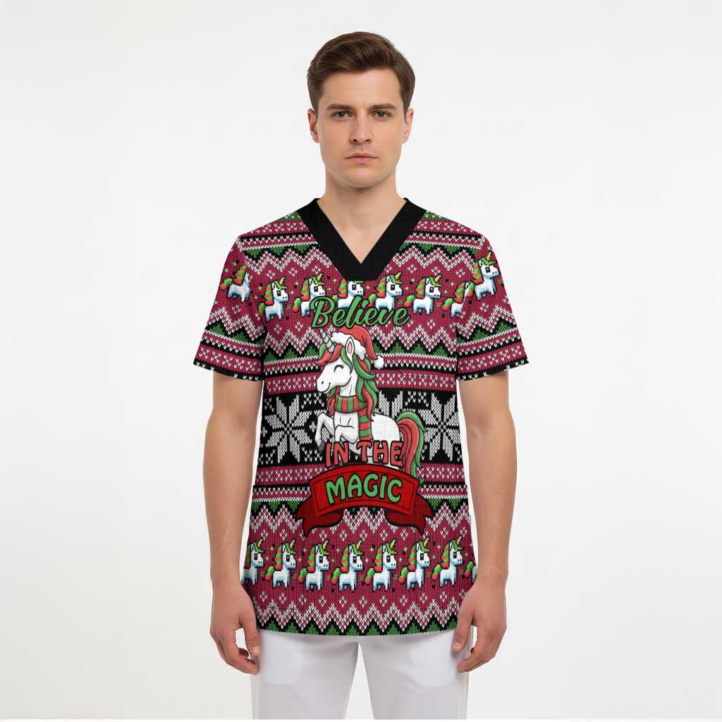 Unicorn Believe In The Magic Christmas Scrub Top Xmas Holiday Patterns - Wonder Print Shop