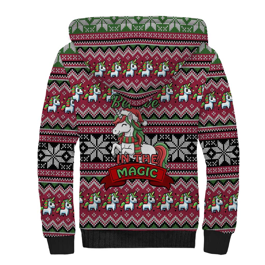 Unicorn Believe In The Magic Christmas Sherpa Hoodie Xmas Holiday Patterns - Wonder Print Shop