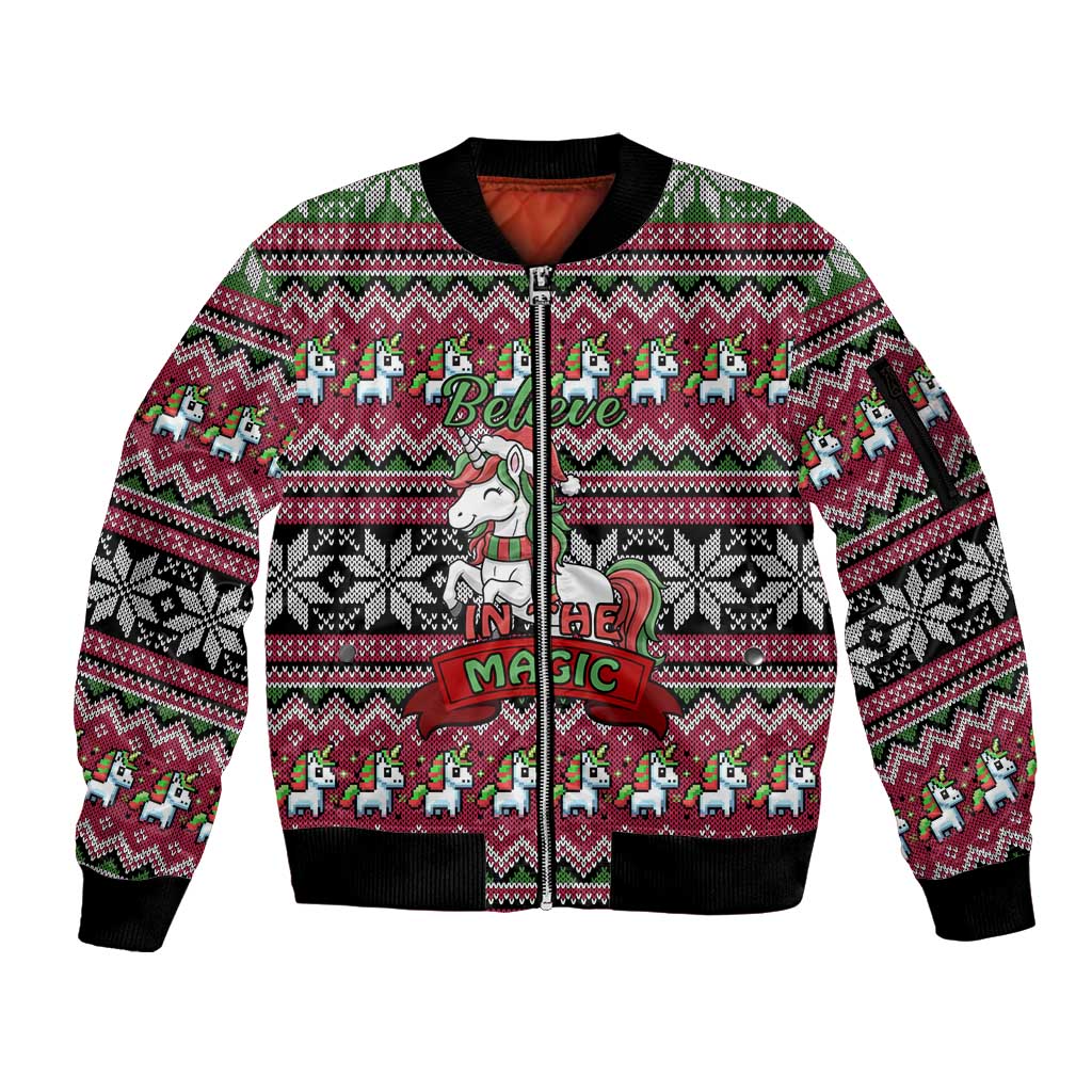 Unicorn Believe In The Magic Christmas Sleeve Zip Bomber Jacket Xmas Holiday Patterns - Wonder Print Shop