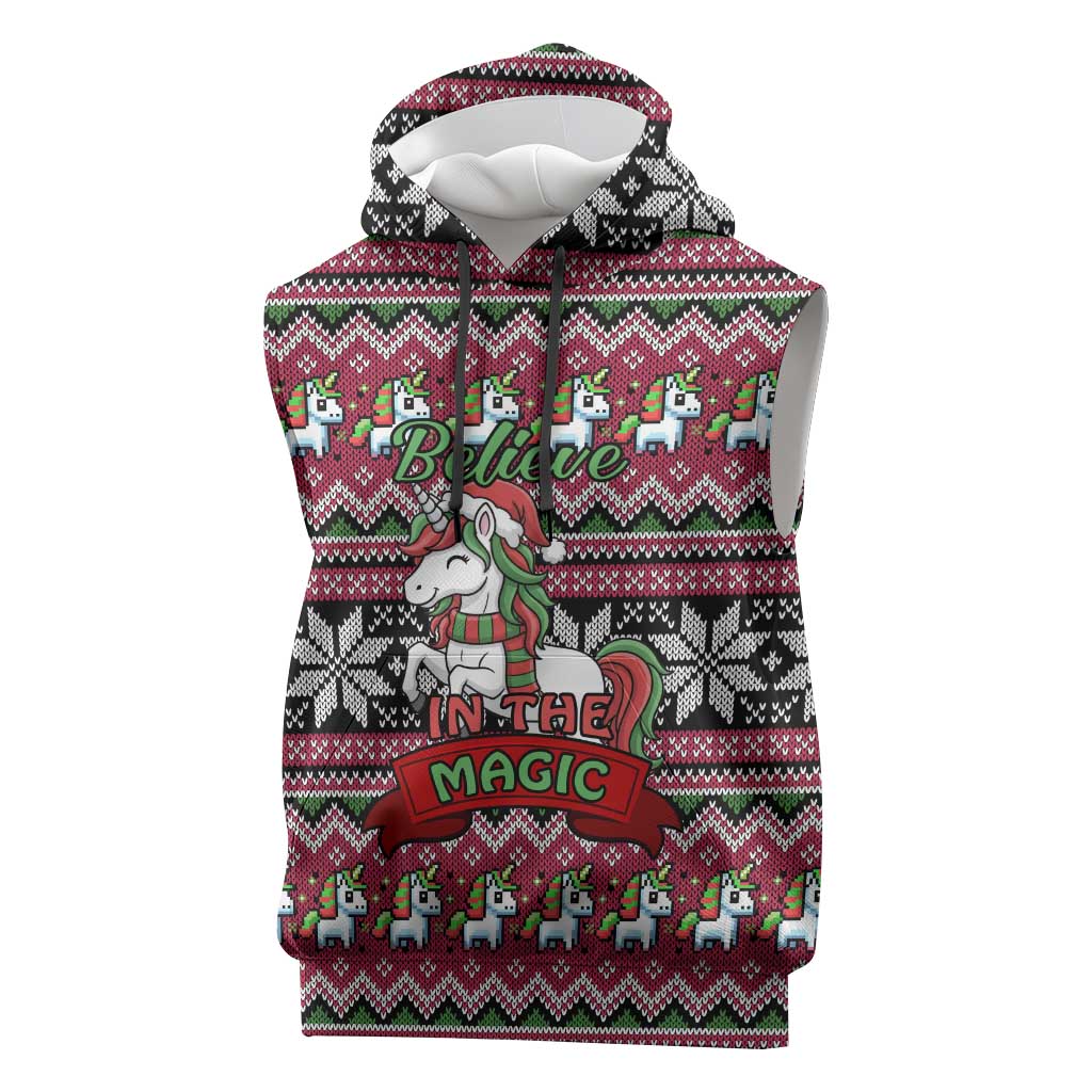 Unicorn Believe In The Magic Christmas Sleeveless Hoodie Xmas Holiday Patterns - Wonder Print Shop