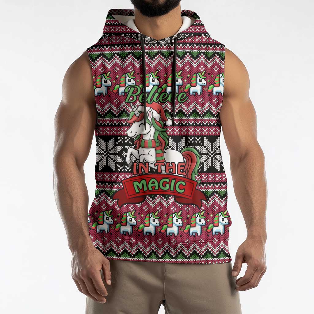 Unicorn Believe In The Magic Christmas Sleeveless Hoodie Xmas Holiday Patterns - Wonder Print Shop
