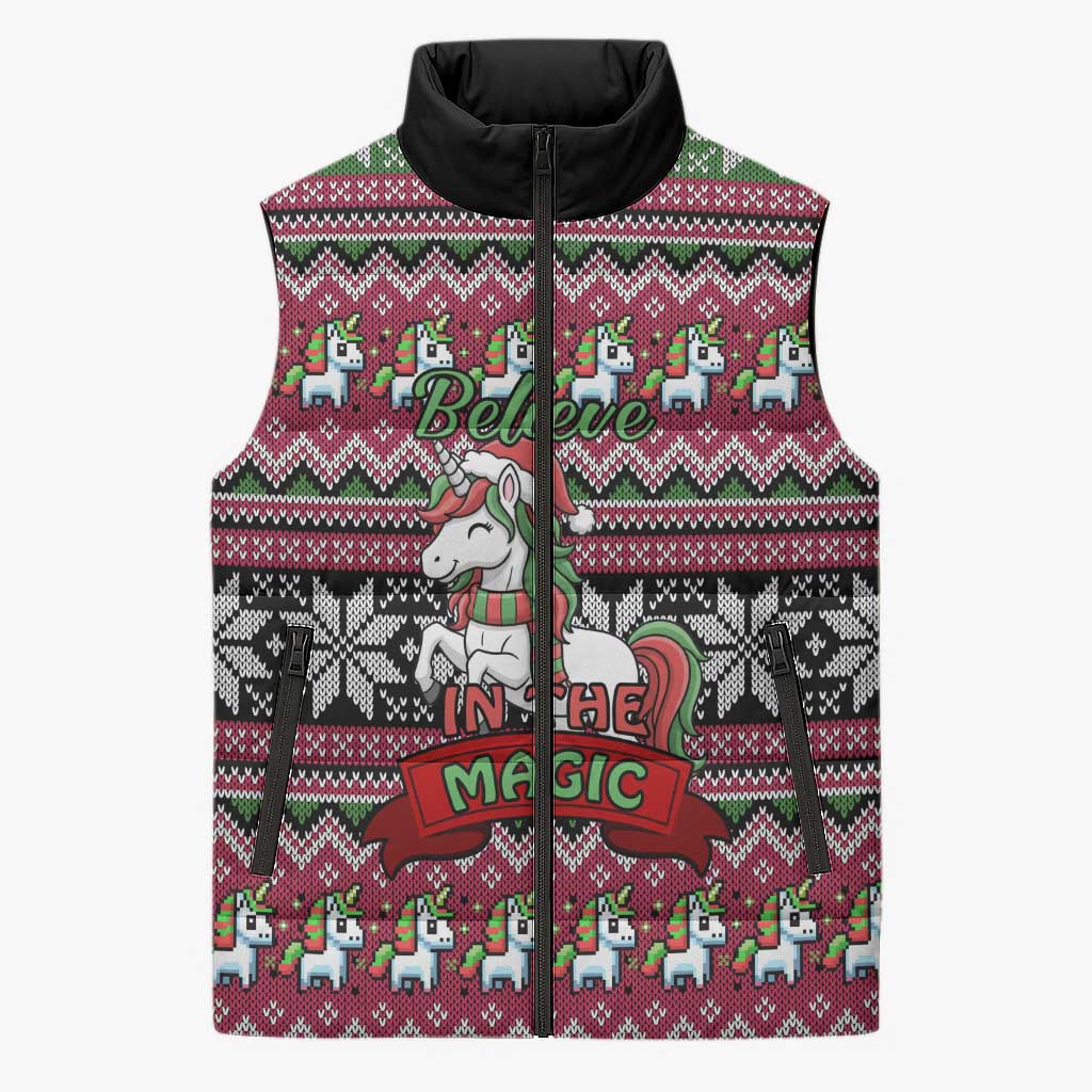 Unicorn Believe In The Magic Christmas Sleeveless Puffer Jacket Xmas Holiday Patterns - Wonder Print Shop