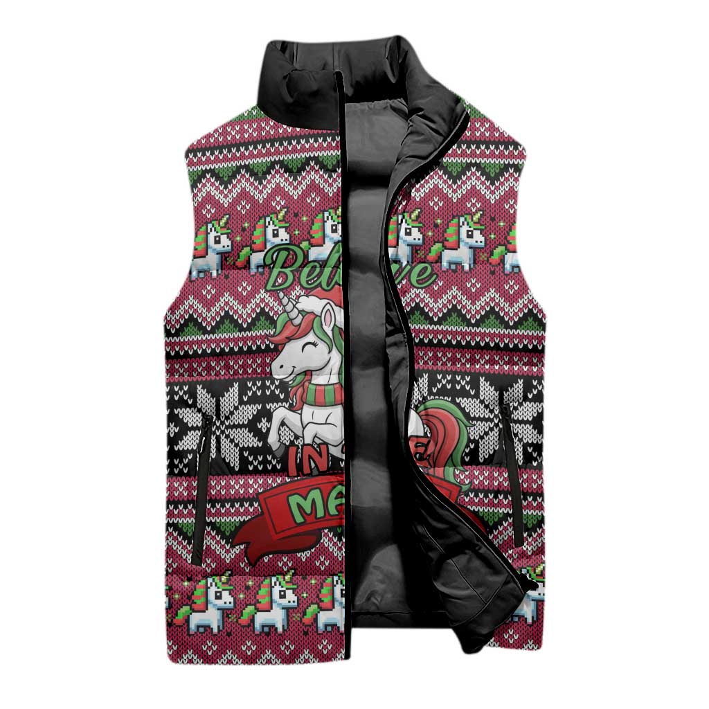 Unicorn Believe In The Magic Christmas Sleeveless Puffer Jacket Xmas Holiday Patterns - Wonder Print Shop
