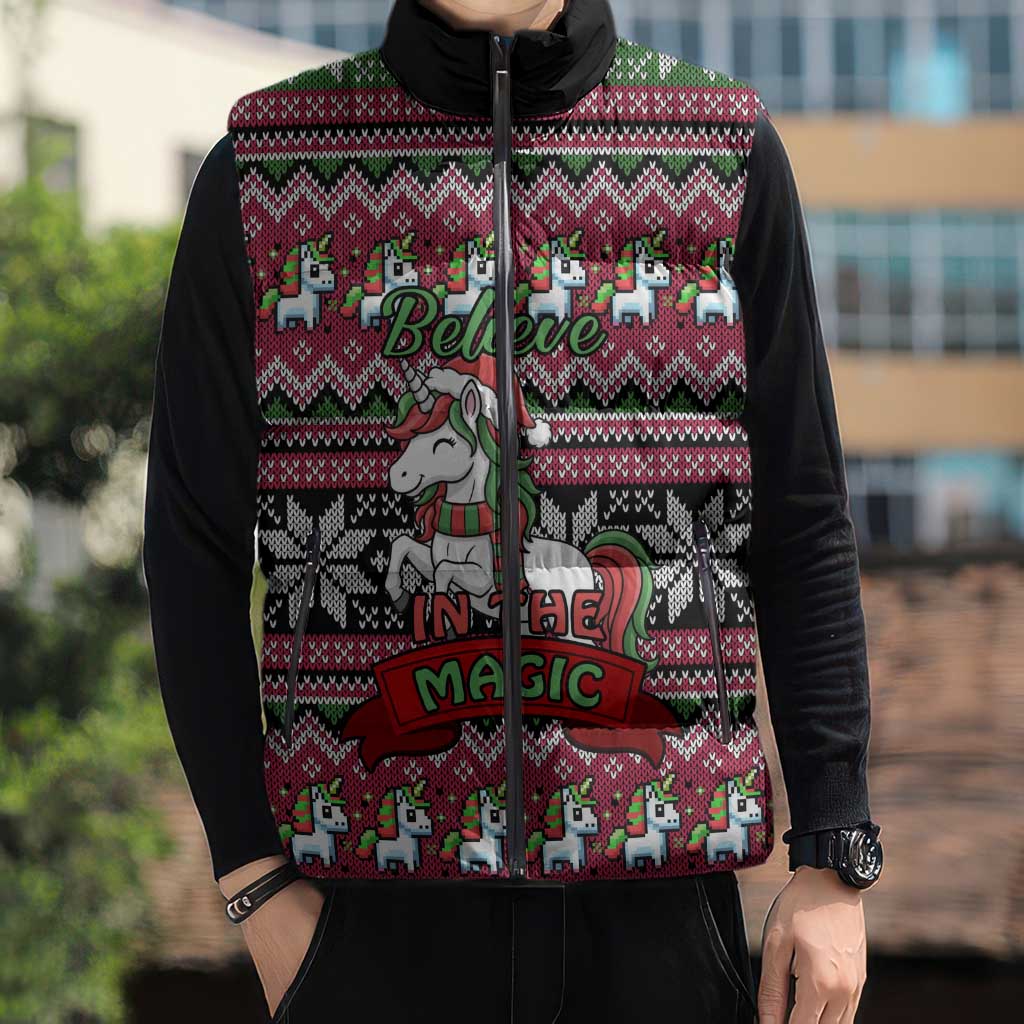 Unicorn Believe In The Magic Christmas Sleeveless Puffer Jacket Xmas Holiday Patterns - Wonder Print Shop