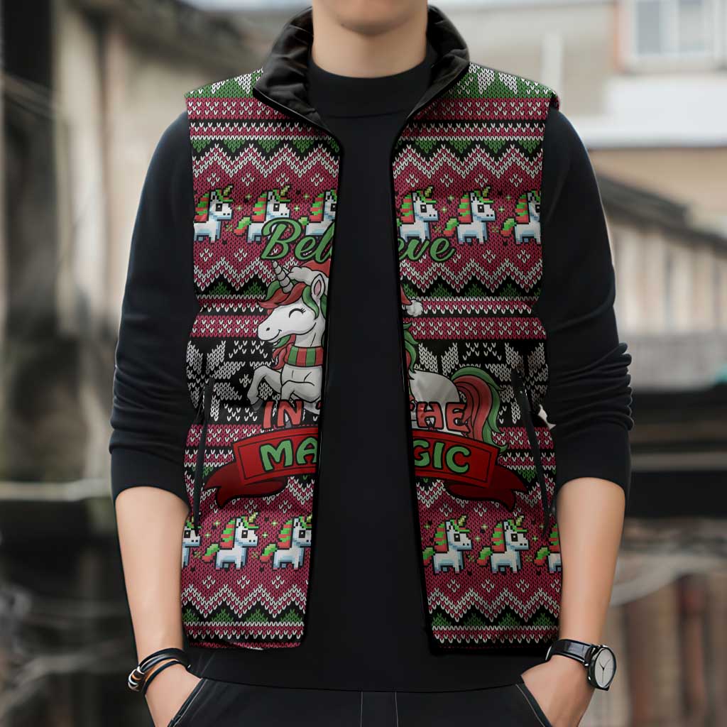 Unicorn Believe In The Magic Christmas Sleeveless Puffer Jacket Xmas Holiday Patterns - Wonder Print Shop