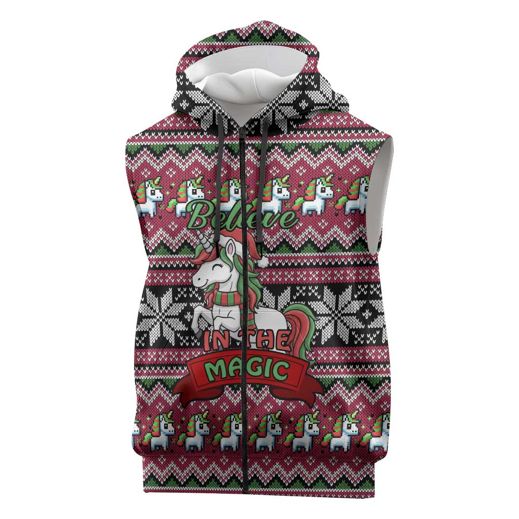 Unicorn Believe In The Magic Christmas Sleeveless Zip Hoodie Xmas Holiday Patterns - Wonder Print Shop