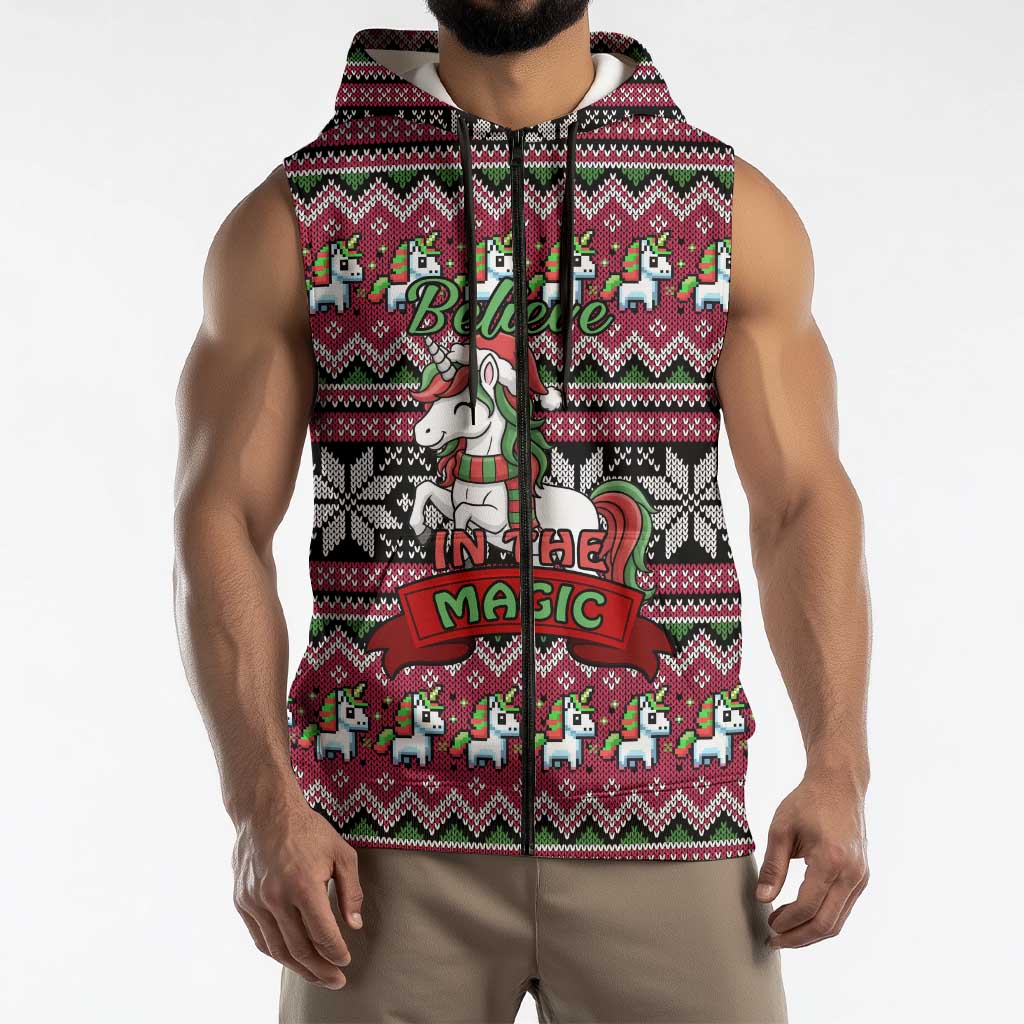Unicorn Believe In The Magic Christmas Sleeveless Zip Hoodie Xmas Holiday Patterns - Wonder Print Shop