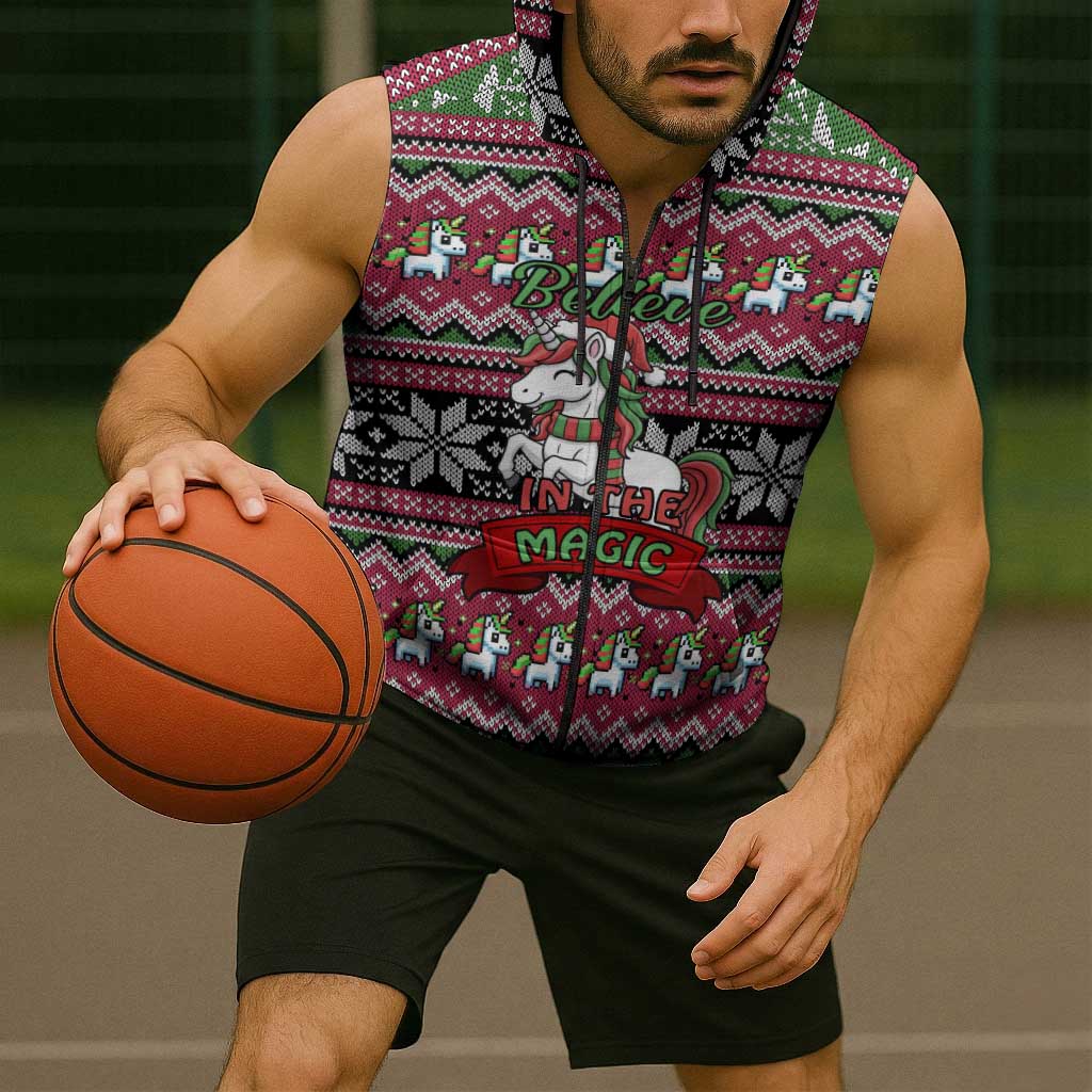 Unicorn Believe In The Magic Christmas Sleeveless Zip Hoodie Xmas Holiday Patterns - Wonder Print Shop