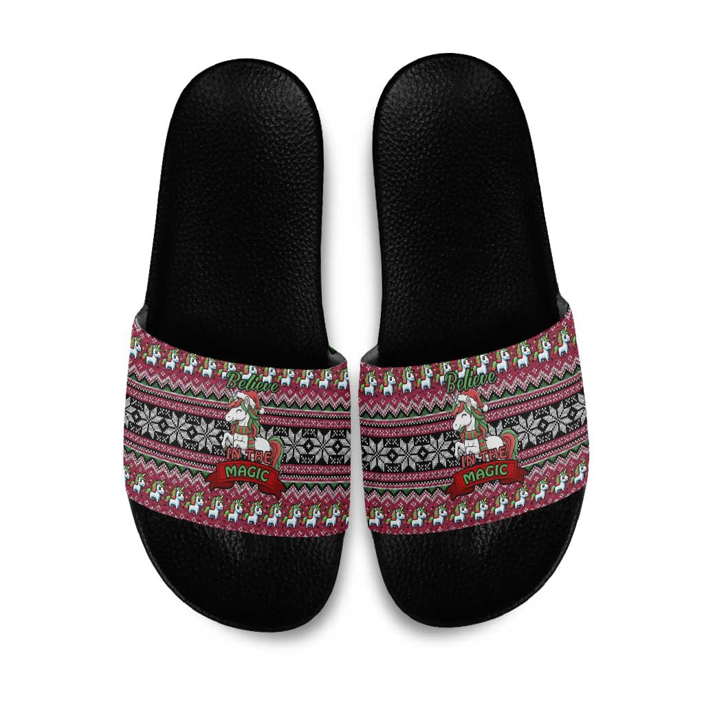 Unicorn Believe In The Magic Christmas Slide Sandals Xmas Holiday Patterns - Wonder Print Shop