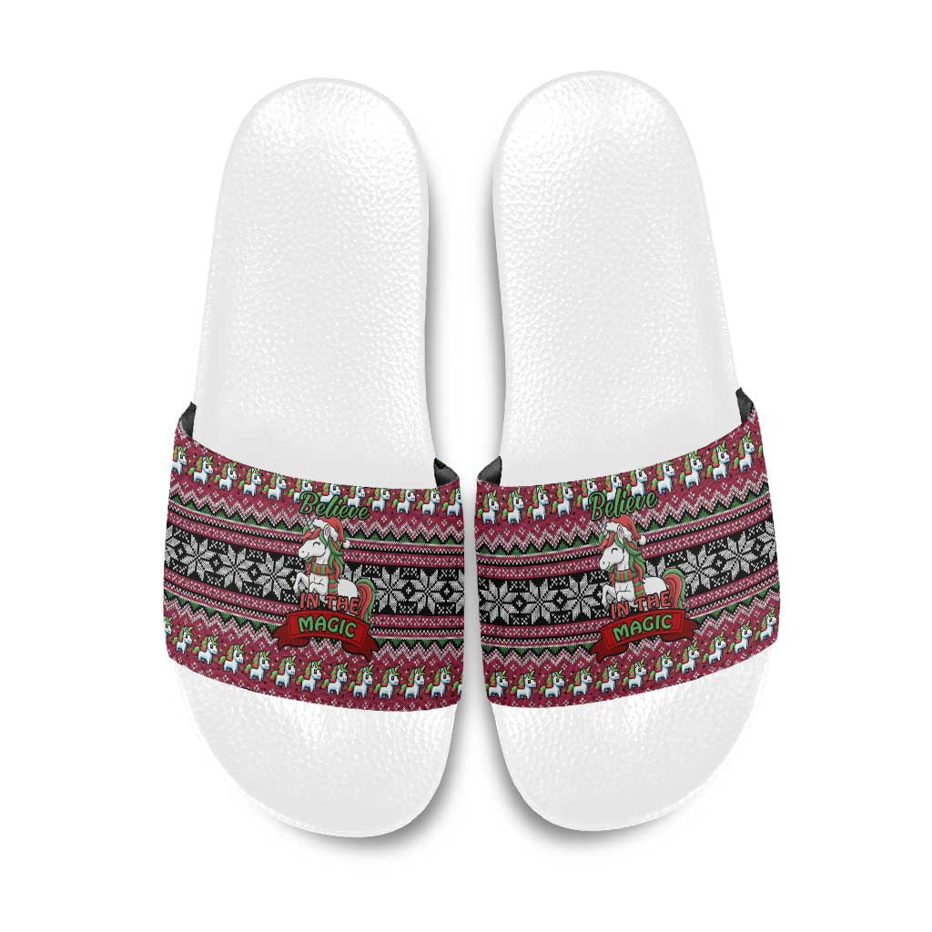 Unicorn Believe In The Magic Christmas Slide Sandals Xmas Holiday Patterns - Wonder Print Shop