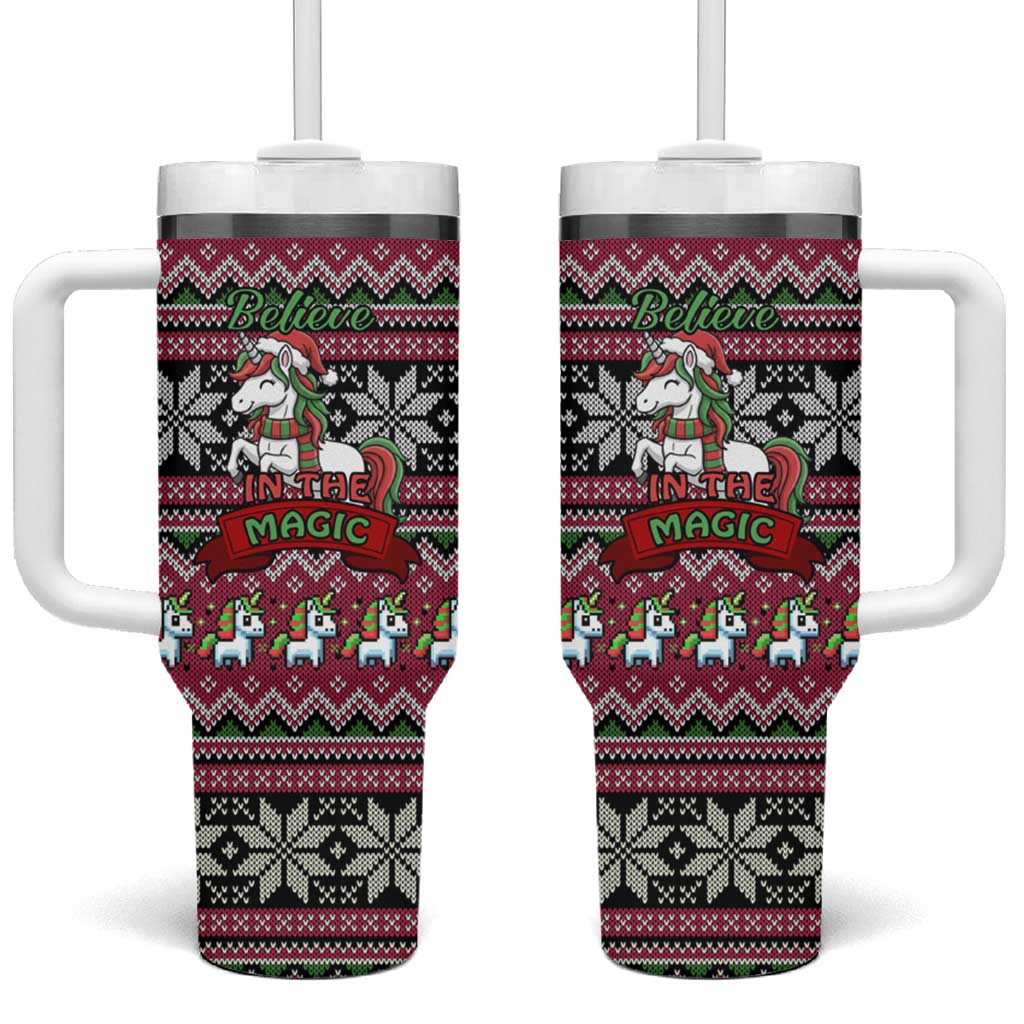 Unicorn Believe In The Magic Christmas Tumbler With Handle Xmas Holiday Patterns - Wonder Print Shop