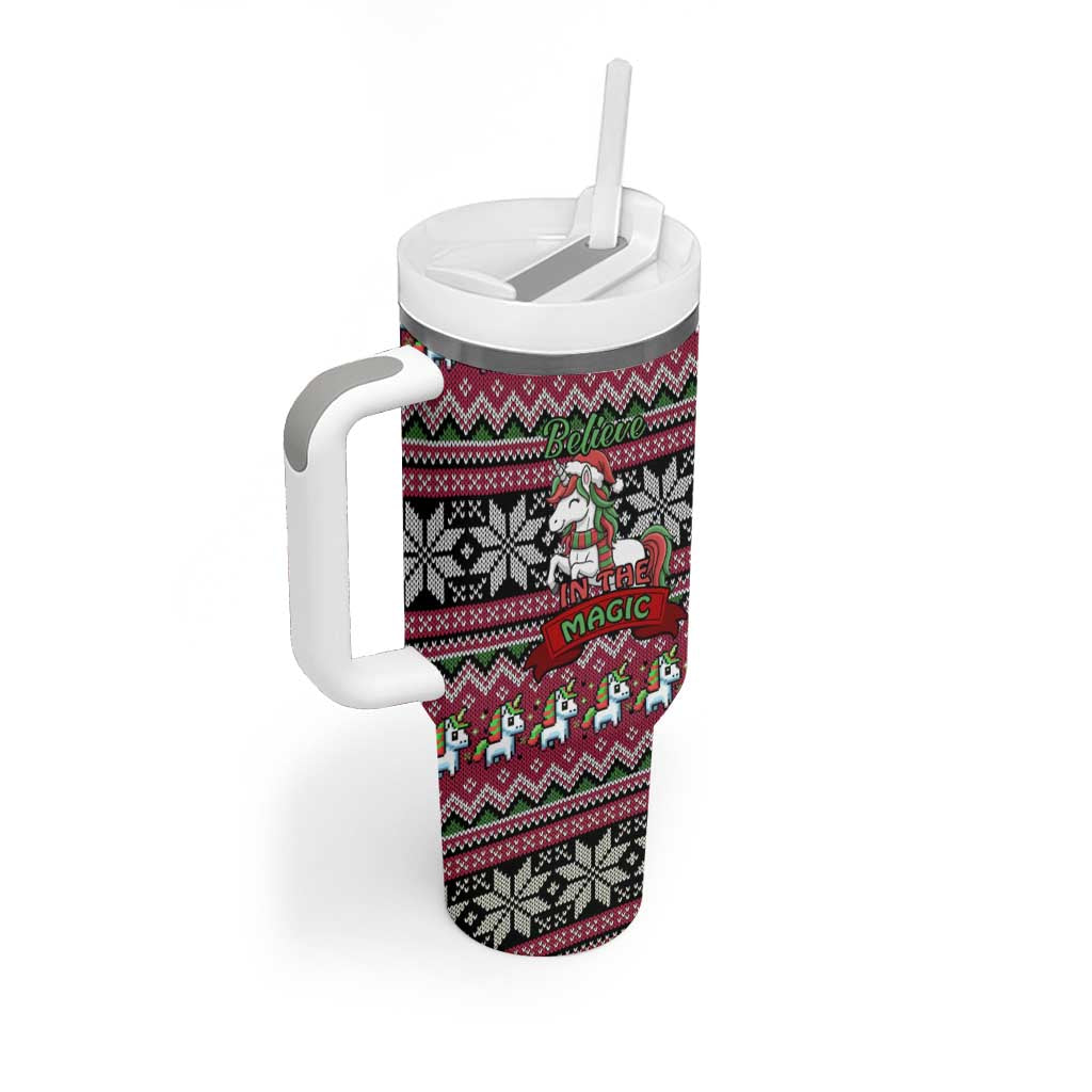 Unicorn Believe In The Magic Christmas Tumbler With Handle Xmas Holiday Patterns - Wonder Print Shop
