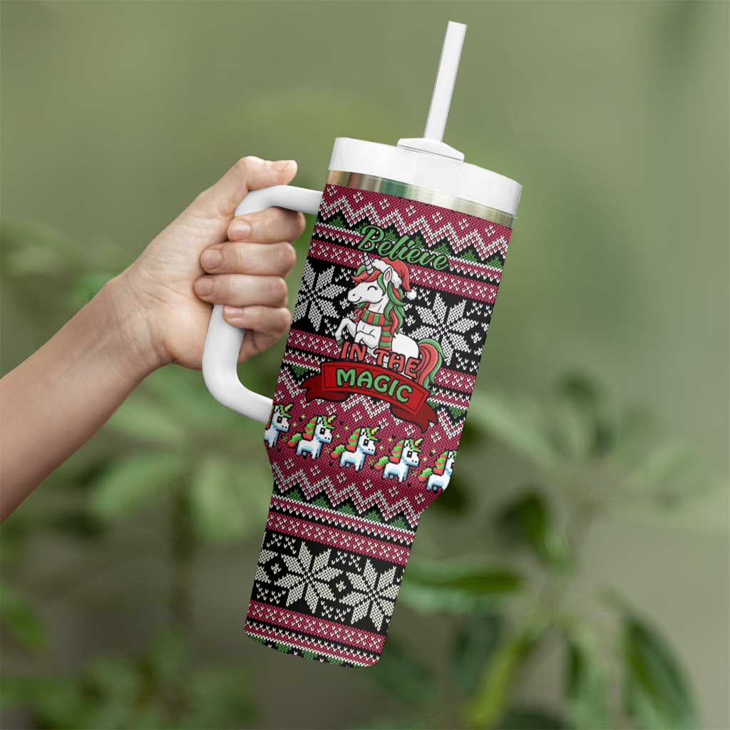 Unicorn Believe In The Magic Christmas Tumbler With Handle Xmas Holiday Patterns - Wonder Print Shop