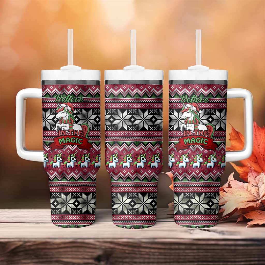 Unicorn Believe In The Magic Christmas Tumbler With Handle Xmas Holiday Patterns - Wonder Print Shop