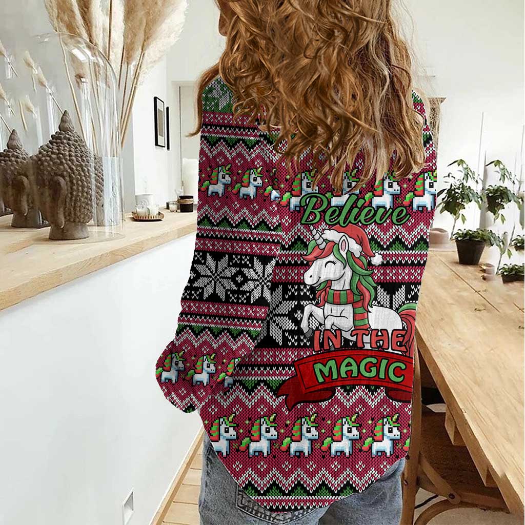 Unicorn Believe In The Magic Christmas Women Casual Shirt Xmas Holiday Patterns - Wonder Print Shop