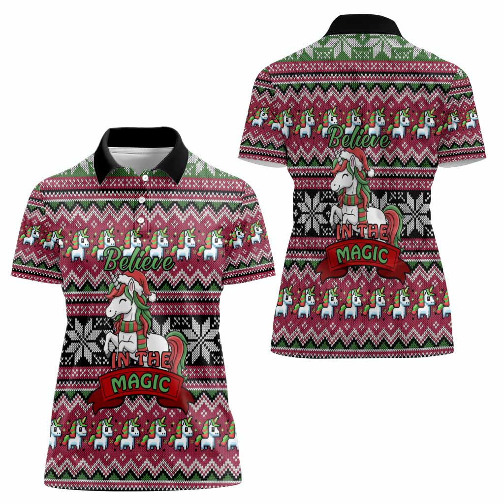 Unicorn Believe In The Magic Christmas Women Polo Shirt Xmas Holiday Patterns - Wonder Print Shop