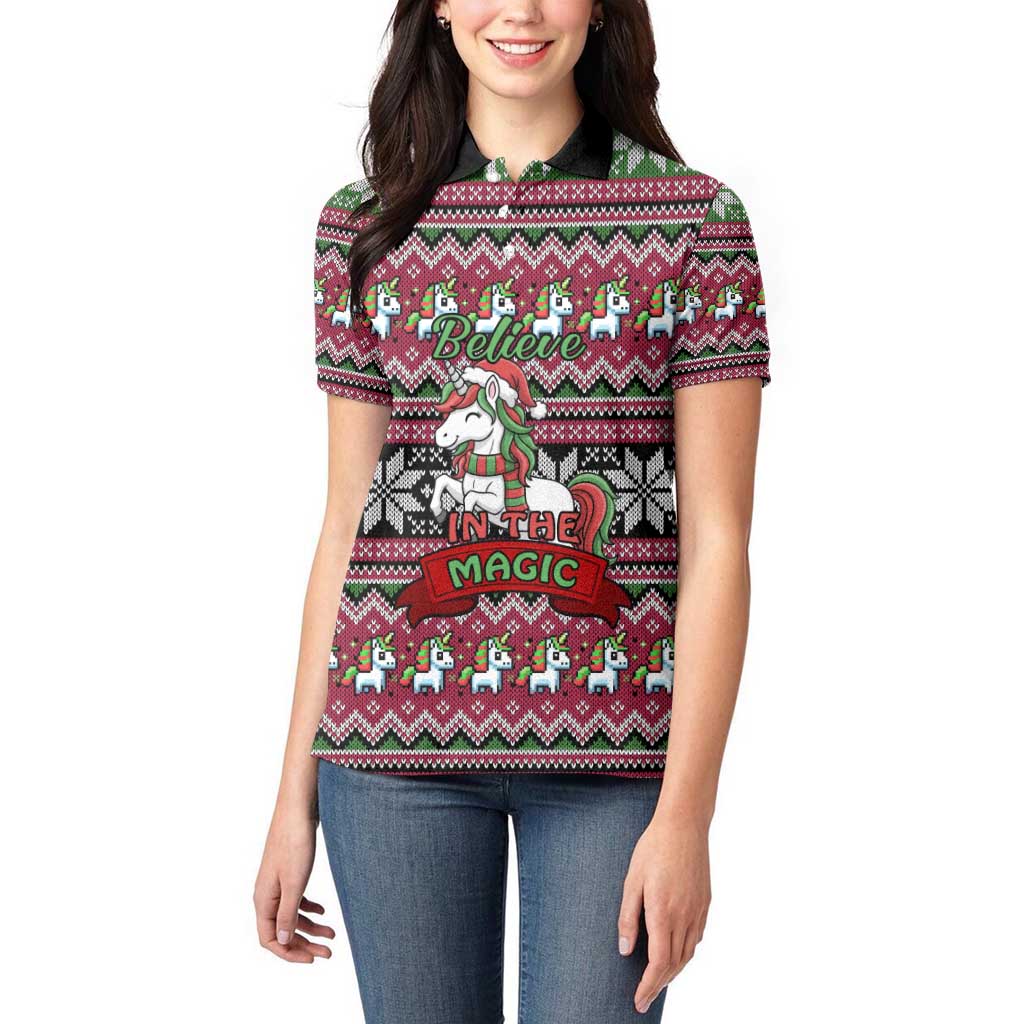 Unicorn Believe In The Magic Christmas Women Polo Shirt Xmas Holiday Patterns - Wonder Print Shop