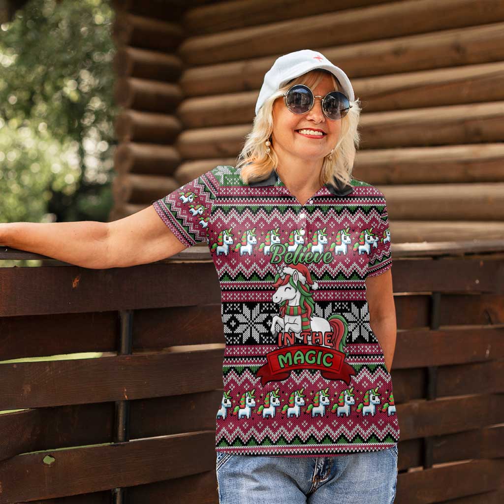 Unicorn Believe In The Magic Christmas Women Polo Shirt Xmas Holiday Patterns - Wonder Print Shop
