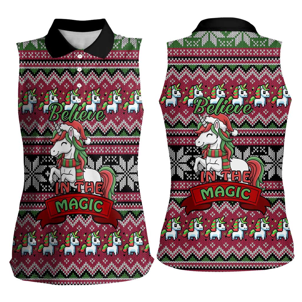 Unicorn Believe In The Magic Christmas Women Sleeveless Polo Shirt Xmas Holiday Patterns - Wonder Print Shop