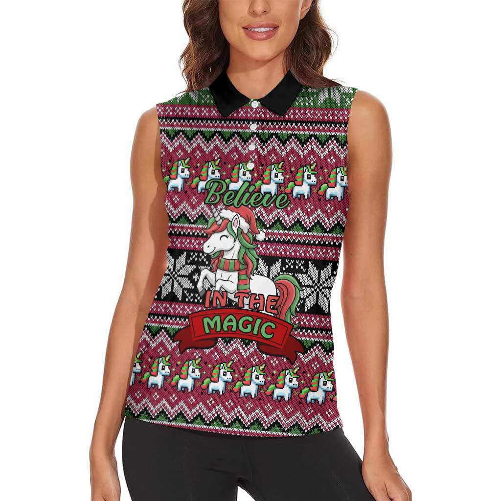 Unicorn Believe In The Magic Christmas Women Sleeveless Polo Shirt Xmas Holiday Patterns - Wonder Print Shop