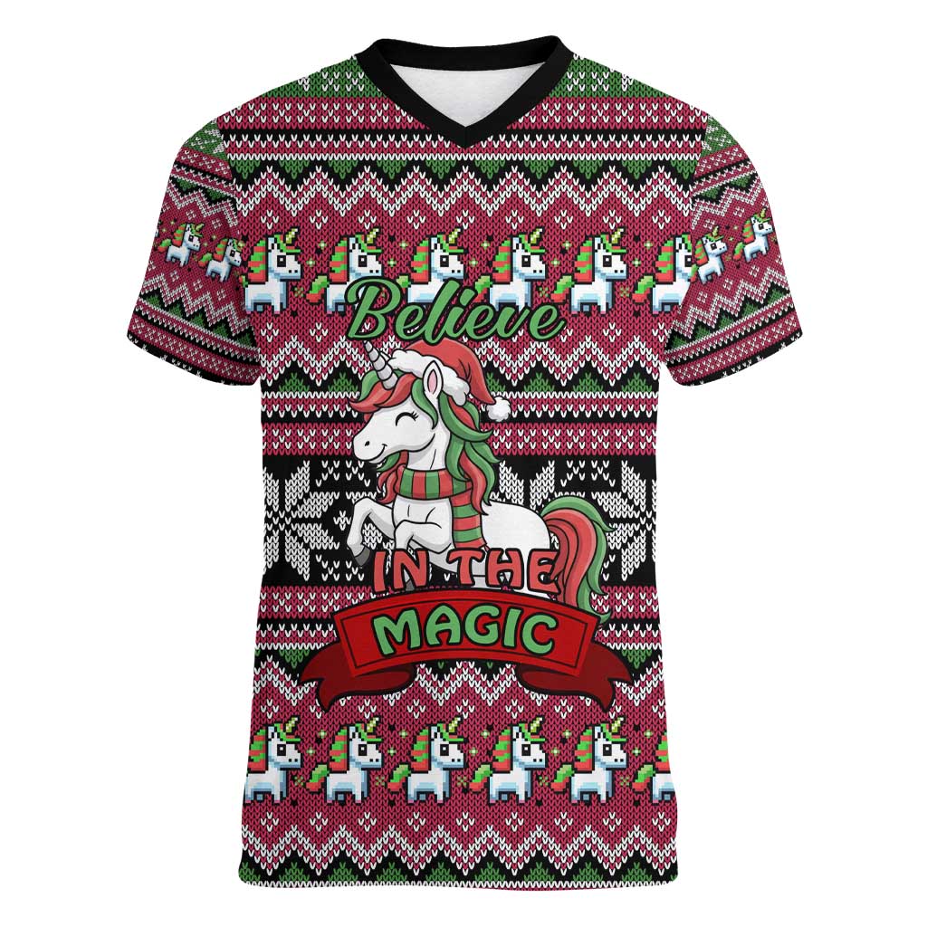 Unicorn Believe In The Magic Christmas Women V-Neck T-Shirt Xmas Holiday Patterns - Wonder Print Shop