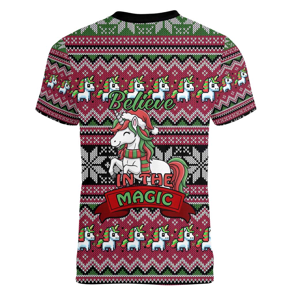 Unicorn Believe In The Magic Christmas Women V-Neck T-Shirt Xmas Holiday Patterns - Wonder Print Shop