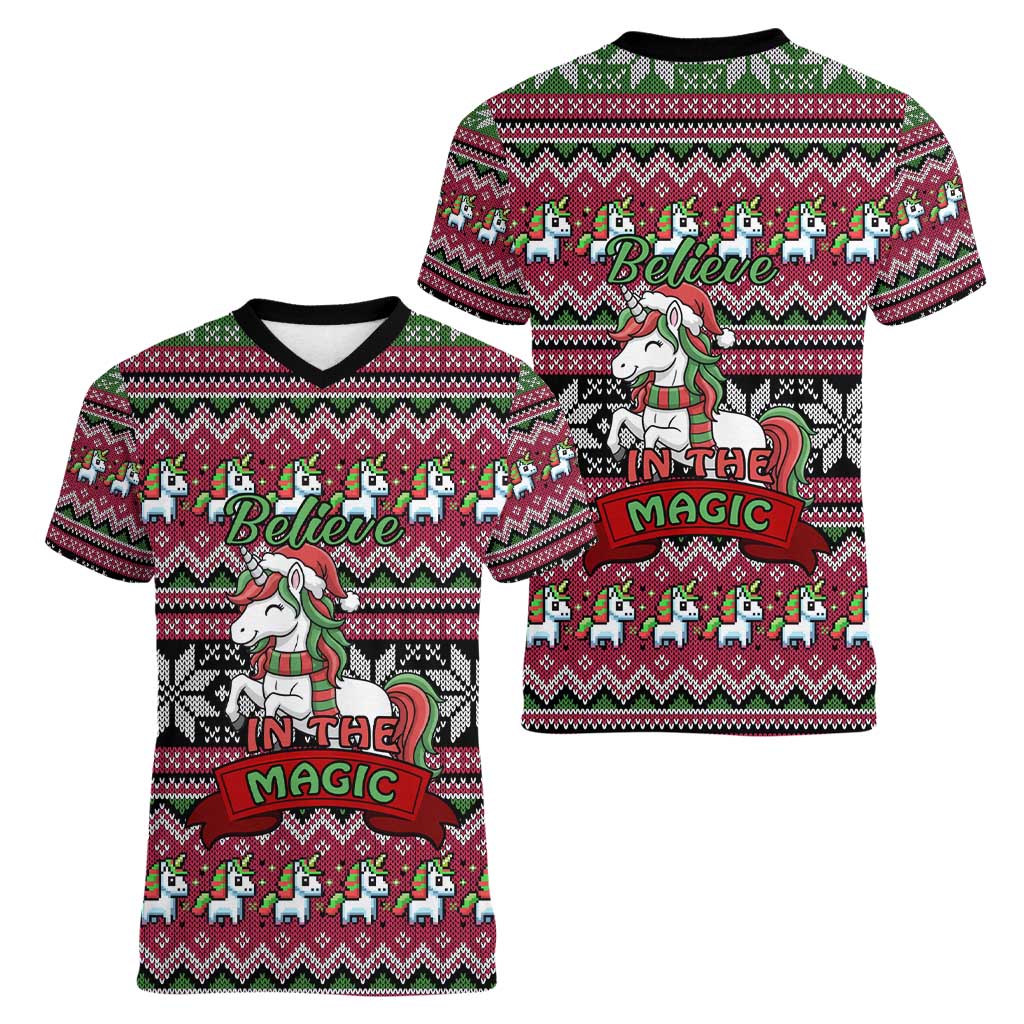 Unicorn Believe In The Magic Christmas Women V-Neck T-Shirt Xmas Holiday Patterns - Wonder Print Shop