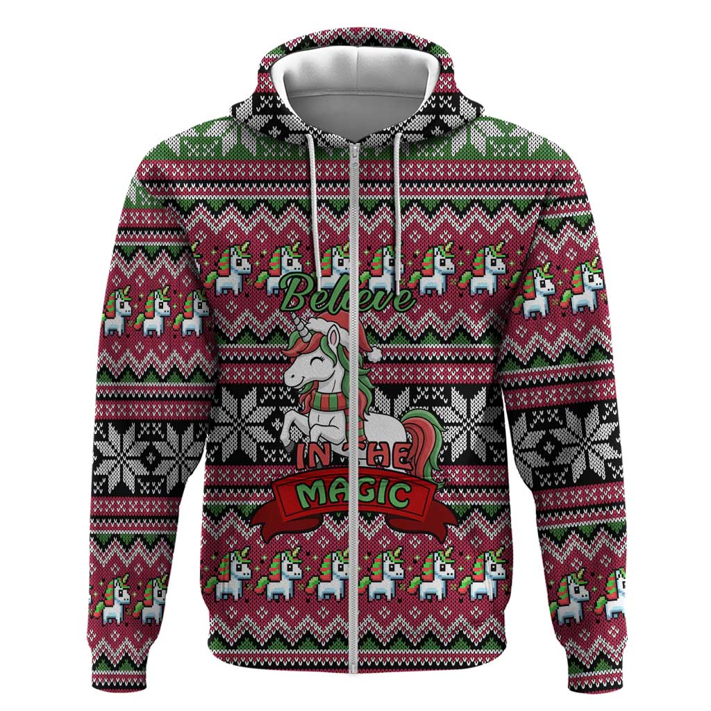 Unicorn Believe In The Magic Christmas Zip Hoodie Xmas Holiday Patterns - Wonder Print Shop