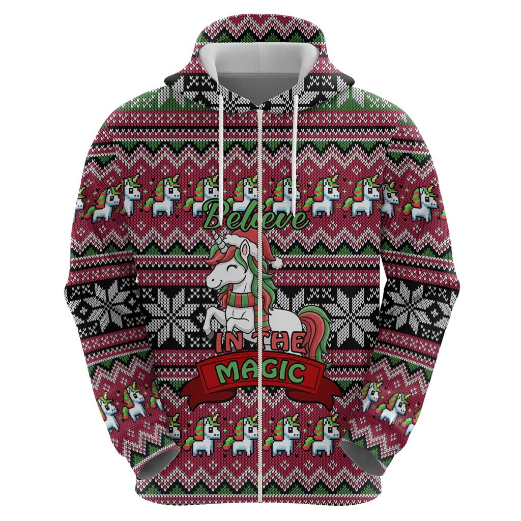 Unicorn Believe In The Magic Christmas Zip Hoodie Xmas Holiday Patterns - Wonder Print Shop
