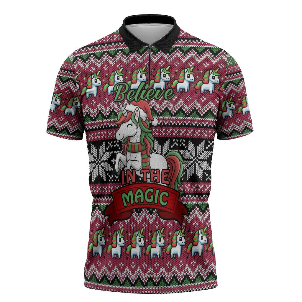 Unicorn Believe In The Magic Christmas Zipper Polo Shirt Xmas Holiday Patterns - Wonder Print Shop