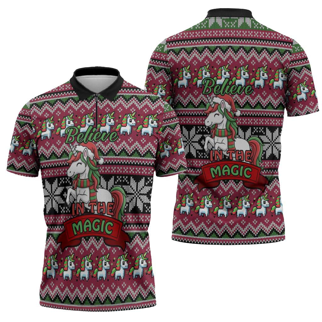 Unicorn Believe In The Magic Christmas Zipper Polo Shirt Xmas Holiday Patterns - Wonder Print Shop