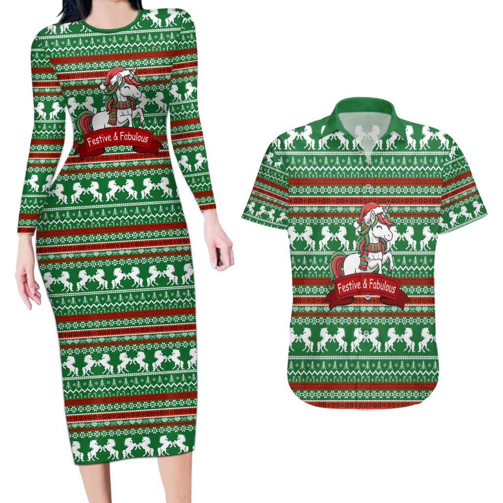 Unicorn Festive Fabulous Christmas Couples Matching Long Sleeve Bodycon Dress and Hawaiian Shirt Xmas Holiday Patterns - Wonder Print Shop