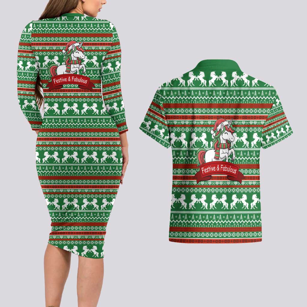 Unicorn Festive Fabulous Christmas Couples Matching Long Sleeve Bodycon Dress and Hawaiian Shirt Xmas Holiday Patterns - Wonder Print Shop