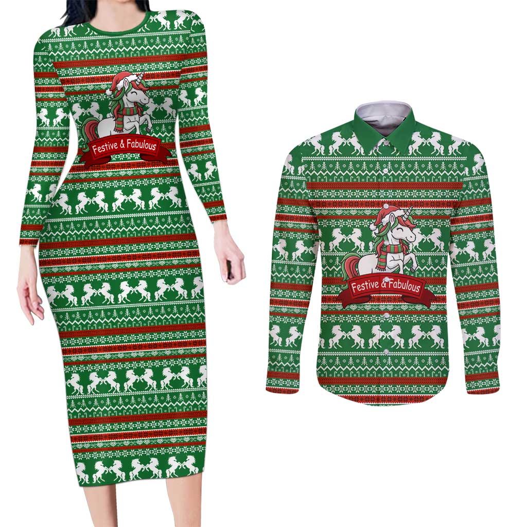 Unicorn Festive Fabulous Christmas Couples Matching Long Sleeve Bodycon Dress and Long Sleeve Button Shirt Xmas Holiday Patterns - Wonder Print Shop