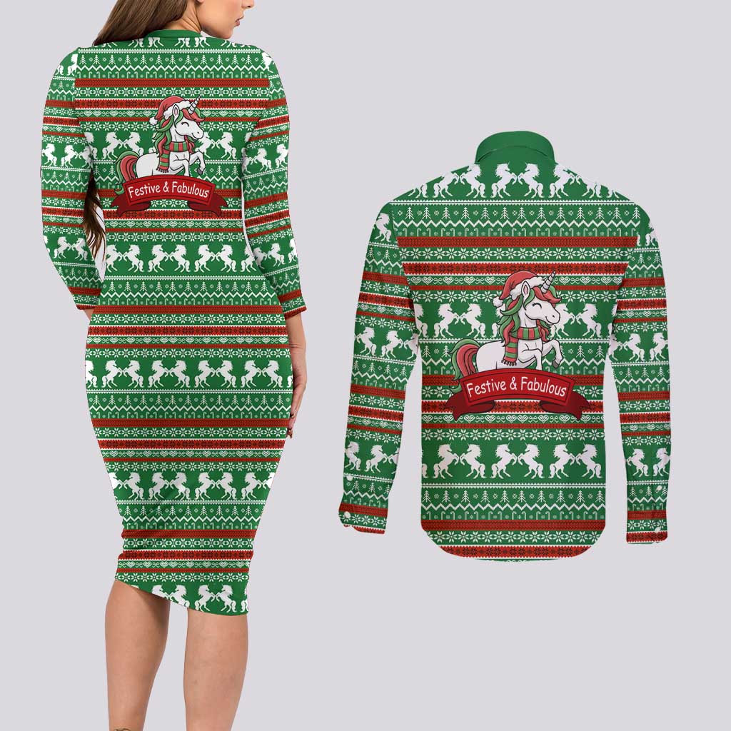 Unicorn Festive Fabulous Christmas Couples Matching Long Sleeve Bodycon Dress and Long Sleeve Button Shirt Xmas Holiday Patterns - Wonder Print Shop